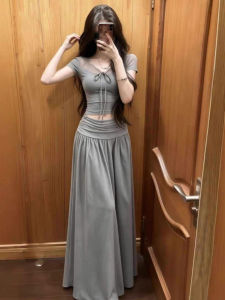 SENWA | Gray Lace Splicing Long Dress
