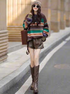 Contrast Color Stripes round Neck Knitwear Womens Autumn 2024 New Arrival Maillard Wear Elegant Leather Shorts Two-piece Set