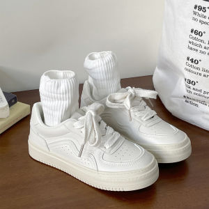 Casual Womens Thick Bottomed Fufu White Sneakers Versatile Retro Style Cross Buckle Korean Version round Toe Rubber Outsole