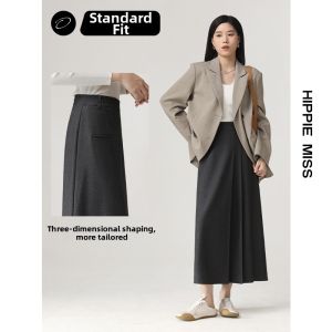 HIPPIE MISS | Versatile Grey Houndstooth Tweed A-line Skirt Medium-long
