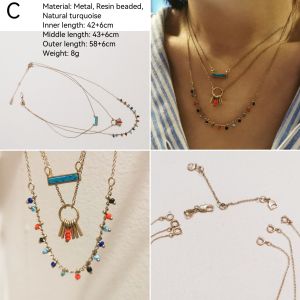 DaVee | Layered Beaded Pendant Necklace Vintage Colorful Beaded turquoise necklace Bohemian necklace Kallaite triple layered tassels necklace
