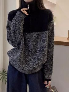 WANGGONGZHU | Womens High Collar Thickened Knitted Base Shirt Zipper Fashionable Sweater Korean Style Loose Fit Long Sleeve Winter Top