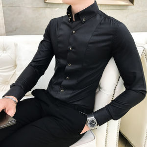 Autumn Mens Long Sleeve Casual Shirt Elastic Pure Color Slim Fit Business Casual British Style Fashionable Mens Shirt