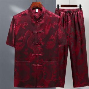 SHIPAILUO | Mens Long Sleeve Ice Silk Set Retro Style Morning Exercise Tai Chi Clothes For Middle-Aged And Elderly Spring Summer Leisure