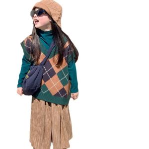 Knitted Sweater Diamond Pattern Loose Casual Style Boys Girls Childrens Knitted Sweater Korean Style round Neck Long Sleeve