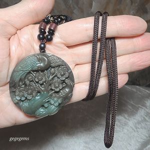 Premium natural Nephrite blue green caramel brown Hundred Blessings Magpie Plum Blossom Jade pendant with certificate