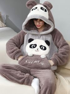 Mens Fleece Lined Flannel Pajamas Set Large Size Cartoon Long Plush Thickened Coral Velvet Home Clothes Warm Sleepwear