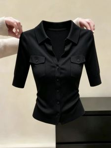 NUMEN BUTTON | Slim Fit Casual Polo Collar Short Sleeve Blouse