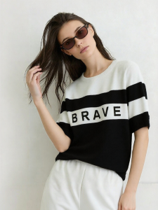 AMII | Casual Round Neck Letter Embroidery Cool Striped Knit Top