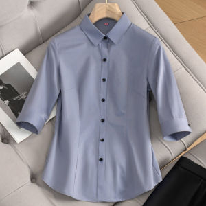 Half Sleeve Shirt Womens Three-Quarter Sleeve Classy Professional Work Clothes Summer Workwear Elegant Formal Clothes Seven-Quarter Sleeve Stand Collar Shirt