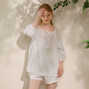 XEXZ Womens Pure Cotton Sleepwear Set Soft French Short Pants Home Clothes Comfortable Spring Autumn Casual Home Scene