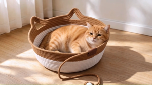 Cotton Rope Handwoven Cat Bed Basket Cute Cat Ear Design Pet Nest with Knotted Ball Toy Breathable All Season Sleeping Bed for Kitten Small Cat