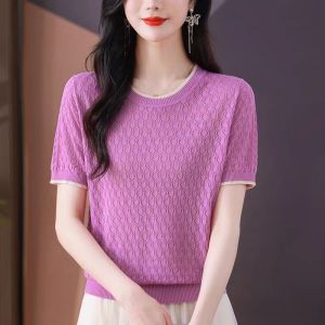 Fancy Ice Silk Short Sleeve T-shirt Womens 2024 New Arrival Summer Dress Western Style Mom Wear Tops Thin plus Size Knitwear