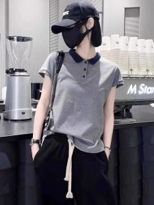 Grey Cotton Polo Shirt Short Sleeve Loose Fit Casual Style Womens T-Shirt Summer Slimming Versatile Top Trendy Body Tee