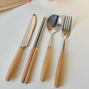 Retro Stainless Steel Chopsticks Fork Spoon Dining Set Wood Handle Dessert Spoon Small Soup Spoon Multifunctional Cutlery Set