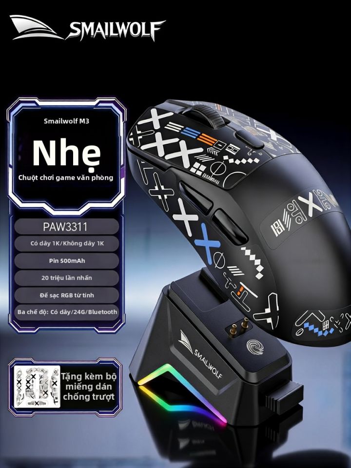 SMAILWOLF | Chuột Chơi Game Không Dây Siêu Nhẹ M3Pro Kết Nối Ba Chế Độ 1KHz Cảm Biến PAW3311