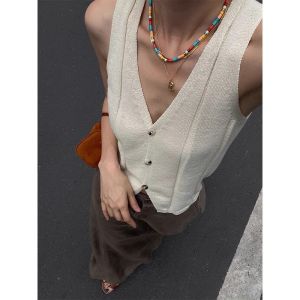 Ice Silk Linen Tops Sleeveless French Style Retro Knitting Cardigan Outwear V Neck Sleeveless Small Sling Vest for Women Summer