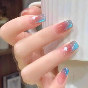 French Style Star Clouds Nail Tips Blue Sparkle Cat Eye Medium Long T Type Ballet Uniform False Nails Wearable Nail Art Pieces