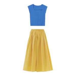 XIAOQIAOJIA | Adorable Sweet Style Two-Piece Set Skirt Outfit Durable Material High Waist A-Line Silhouette Short Sleeve Long Dress Summer Wear