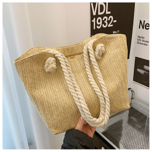 French Style Straw Woven Tote Bag Large Capacity Beach Commuting Bag Simple Stripe Design Holiday Travel Shoulder Bag