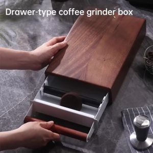 JUSTINLAU | JUSTINLAU Walnut Wood Coffee Knock Box Drawer Type with Large Handle Black Espresso Grounds Container for Cafe Counter