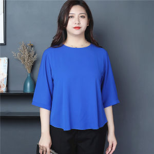 2023 Summer round Neck Half Sleeve Chiffon Shirt Large Size Womens Clothing Loose Belly-Covering Half Sleeve Solid Color Top Trendy Mothers Clothing
