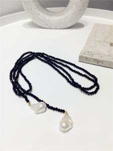 Elegant Long Black Artificial Pearl Irregular Crystal Necklace Sweater Chain Fashion Jewelry Premium Feel Simple Design