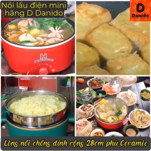 Nồi lẩu điện đa năng 28cm Ceramic vân đá chống dính công suất 1000W tiện dụng 3 nấc nhiệt - Tặng Xửng Inox D Danido