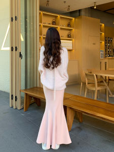 Unique Knitted Fish Tail Skirt Womens Winter High Waist Extended Korean Style Gentle Pink Slim Fit Half-length Skirts