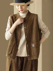Retro Pure Cotton Vest Womens Spring Autumn Loose Casual Versatile Large Pocket Stand Collar Sleeveless Open Cardigan Jacket