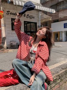 Red Plaid Long Sleeve POLO Neck Shirt Womens Loose Fit Slimming Open Cardigan Korean Style Commute Fashion Early Autumn Design