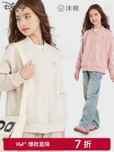 Disney Girls Spring Autumn Baseball Style Open Cardigan Jacket Casual Cotton Polyester Blend Fashionable Versatile Kids Clothing