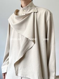 New Chinese Style Retro Half High Collar Long Sleeve Shirt Genderless Splice Design Sensation Sash Towel National Style Mens Shirt