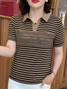 เสื้อยืดคอกลมลายทางแขนสั้นผู้หญิงทรงสลิมฟิตแฟชั่นฤดูร้อน เสื้อตัวบนทรงหลวมๆ สไตล์ลำลอง