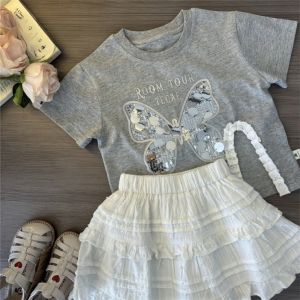 Bear Leader New-in Baby Girls Fashion Clothes Sets Kids Letters Silver Butterfly T-shirt and White Lace Skirt 2 Pieces Girls Sequinneds Suits Summer Clothing Korean Outfits
