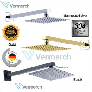 [NEW] Vermerch Silver/Black/Gold Shower Head Rainfall 8″/10″/12″ Inch with Wall Mounted Shower Arm Pipe Ultra-Thin Shower Set 304 Stainless Steel Heavy Duty Bathroom Accessories