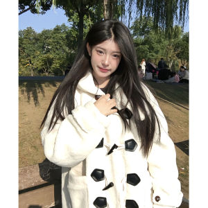 เสื้อโค้ทขนแกะหนาสำหรับผู้หญิง ฤดูใบไม้ร่วง/ฤดูหนาว สีขาว ขนาดเล็ก ยาวปานกลาง เสื้อคลุมกันหนาวมีฮู้ด สไตล์นักศึกษา