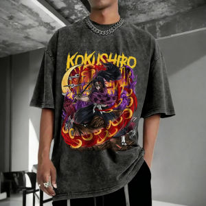 Bandai | Demon Slayer Mens and Womens Washed T-Shirt Shinobu Kocho Summer and Spring New Anime Trendy Tee Retro Distressed Short Sleeve