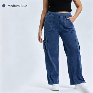 Muyafei Women Plus Size High Waist Elastic Denim Cargo Pants Loose Slimming Multi Pocket Comfortable Fashion Casual Trousers