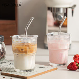 1/2PCS 450ml Stripe Glass Cup Transparent Glass Drinking Cups With Lid and Straw Ice Coffee Tea Cup Juice Glass Milk Water Cup