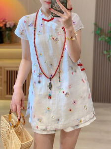 Shalldoer | Bộ đồ hai mảnh cổ đứng thêu phong cách Trung Hoa mới cho nữ mùa hè 2025 Áo sơ mi và quần ngắn co giãn có nút cài