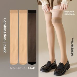 miiow | Thickened Double Layer Knee High Socks Womens Autumn Winter Long Tube Silk Stockings Half Knee Protector High Tube Fleece Lined Long Leg Thigh High Socks