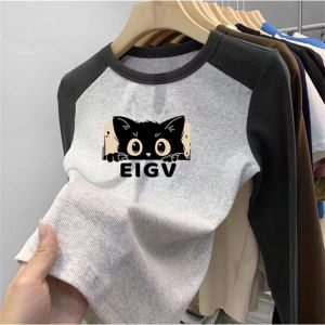 Warm Long Sleeve T-Shirt Cartoon Cat Letter Print Base Shirt Boys Girls Children Fashion Casual Match All Autumn Winter Polyester Spandex