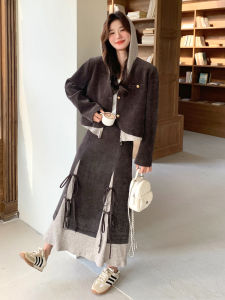 Retro Butterfly Knot Half Skirt Two-Piece Set Autumn Fashion Ensemble Polyester Fiber Long Sleeve Jacket Button Style Casual Wear