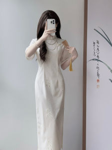 Elegant White Lace Young Revised Version Qipao Super Beautiful Fashionable Chinese Ethnic Long Dress Short Sleeve Low Slit