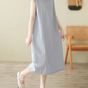 Summer New Womens Casual Long Dress Pure Color Artistic Simple Elegant Slimming Cotton Polyester High Waist A-Line Skirt