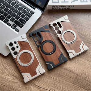 Zeallion 360° Rotating Luxury Magsafe Rimless Frosted Metal Wood Armor Phone Case for [Samsung Galaxy S23 S22 S24 S25 Ultra] Aluminum Shell Rotate Bracket Shockproof Bumper Wireless Charging Back Cover