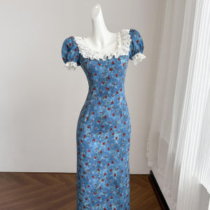 BeautyMark | French Blue Floral Print Square Neck High End Dress Womens Fashion Summer 2025 New Small Size Beautiful Long Dress
