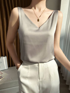 เสื้อกั๊กผ้าไหมน้ำแข็งคอวีหลวมๆ สำหรับผู้หญิงในช่วงฤดูร้อน เสื้อชั้นในสีพื้น เสื้อคลุมกันหนาวแบบสวมไหล่แบบลำลอง