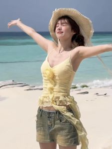 chaqi | 2025 New Style Lemon Yellow Lace Trim Jumpsuit Design Sensation Slimming Asymmetrical Top Fresh Girl Commute Style Mid-Length